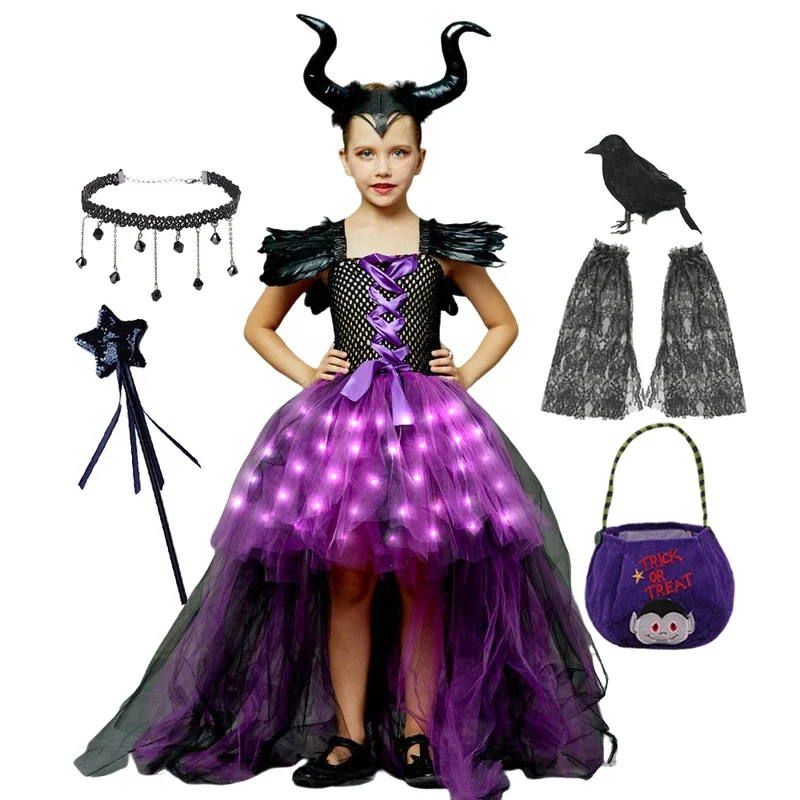 Halloween LED Light Up Costume Kids Maleficent Cosplay Dress Children Disguise Outfits Girls Witch Luxury Elegant Trailing Gown