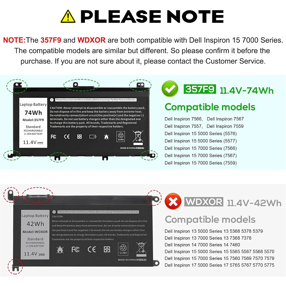 74Wh 357F9 Laptop Battery for Dell 15 7000 7559 7567 7566 7759 7557 5577 INS15PD Series P57F P57F003 P65F P65F001 0GFJ6 71JF4