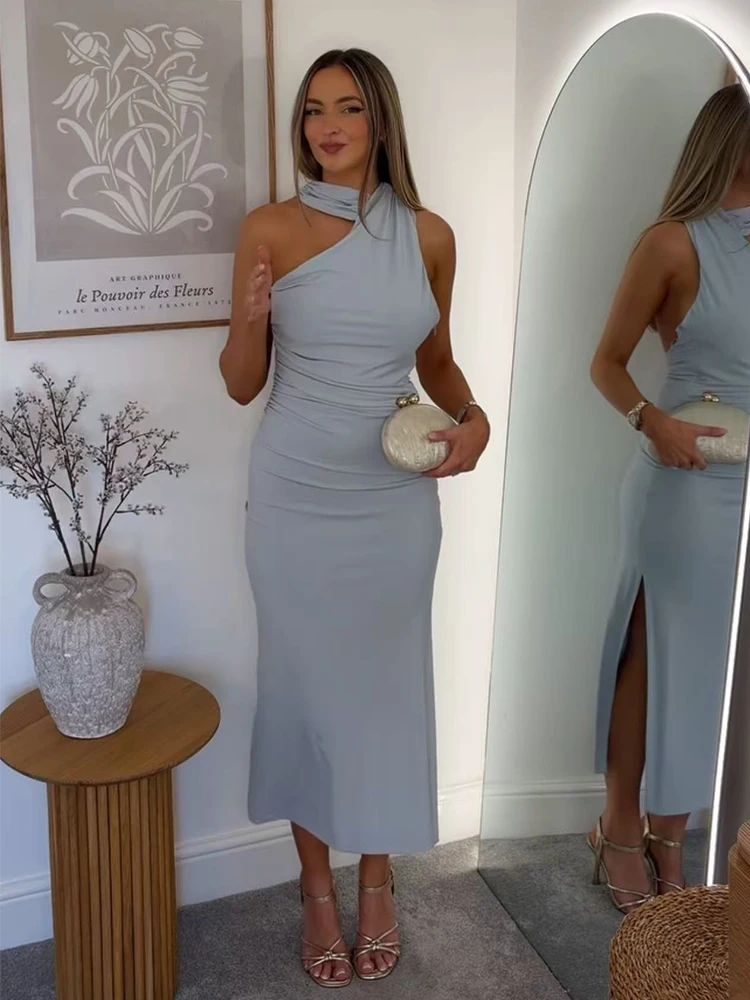Sommerliches Neues Asymmetrisches Design-Kleid für Damen, Urlaubs-Midikleid mit Hoher Taille, Lässiges Rückenfreies Schlankmachendes Langes Kleid, Schick und Elegant