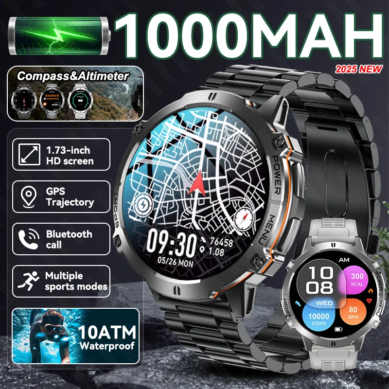 

New Outdoor 1000mAh Battery Men Adult Smart Watch GPS Compass Altimeter 10ATM Waterproof Heart Rate BT Call Sport Man Smartwatch