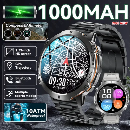 Nuevo reloj inteligente para adultos con batería de 1000mAh para exteriores, brújula GPS, altímetro, 10ATM, resistente al agua, frecuencia cardíaca, llamada BT, reloj inteligente deportivo para hombre