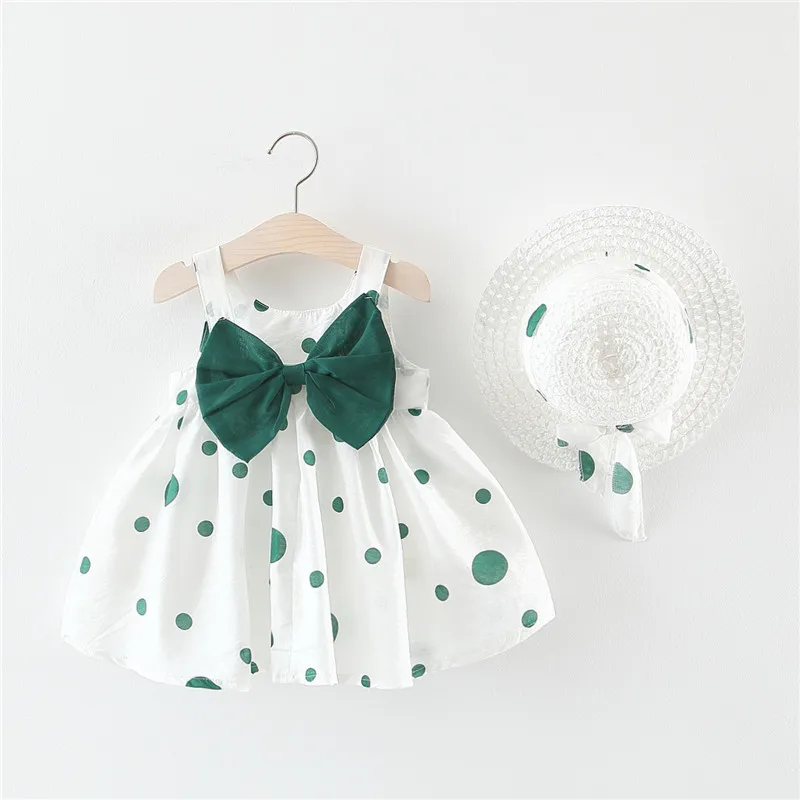 Sommer-Outfit Baby Mädchen Kleider Niedliches Gepunktetes Blumen Ärmelloses Kleines Prinzessinnen-Strandkleid+Sonnenhut Säuglings-Kleidungsset