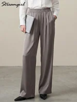 Luxury Wide Leg Satin Pants For Women Trousers With Pockets Black Women's Pants And Trousers Brown High Waist Baggy For Ladies - Image 4