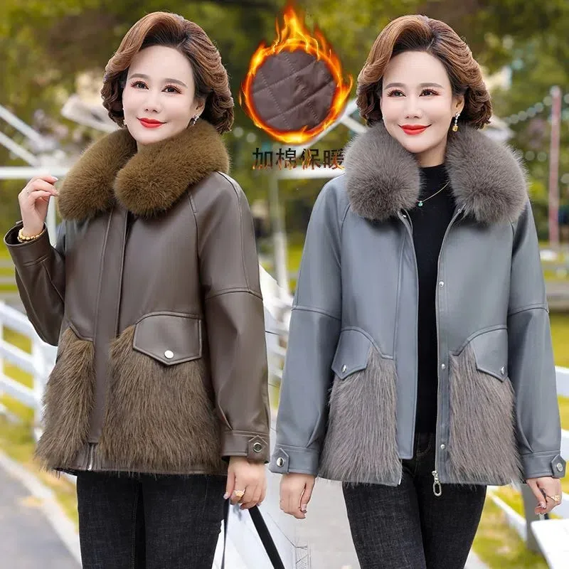 กลาง-กลางแม่ฤดูหนาวหนัง Outerwear สูงเกรดเลียนแบบ Mink Fur แจ็คเก็ตผู้หญิง 'S ขนสัตว์ผ้าฝ้ายเสื้อ