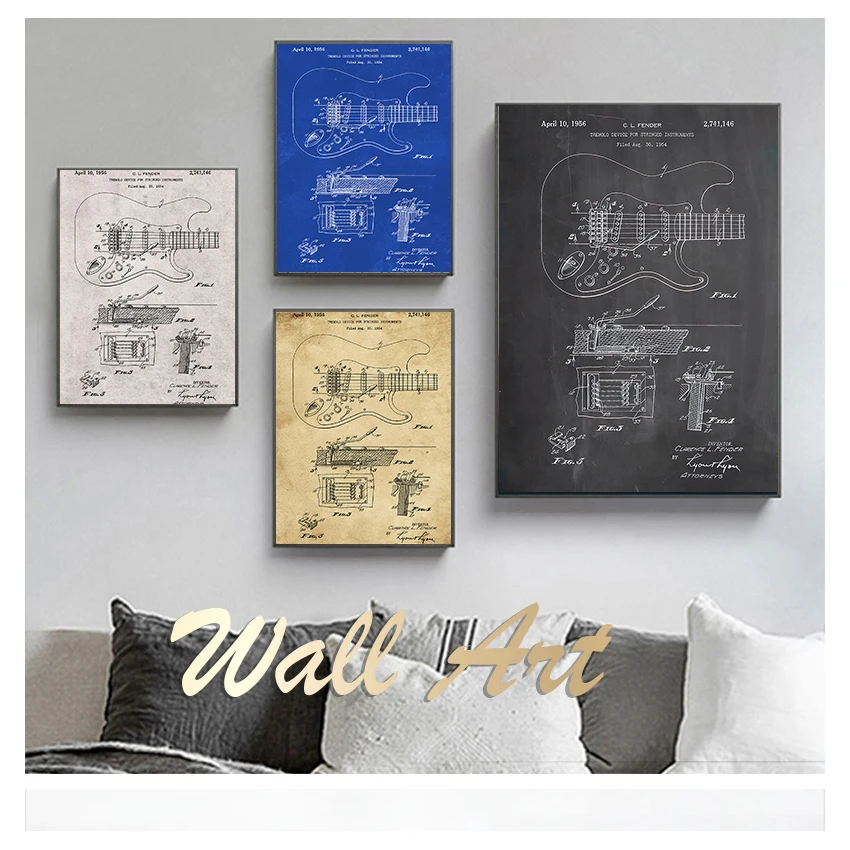Bar Art Prints Music Room Decor Vintage Blueprint Canvas Painting Picture Gift idea Fender Guitar Tremolo Poster Whammy