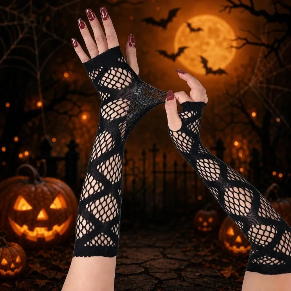Star Fishnet Long Mesh Gloves Performance Dance Black Fingeless Gloves Arm Sleeves Hollow-Out Mesh Fishnet Gloves