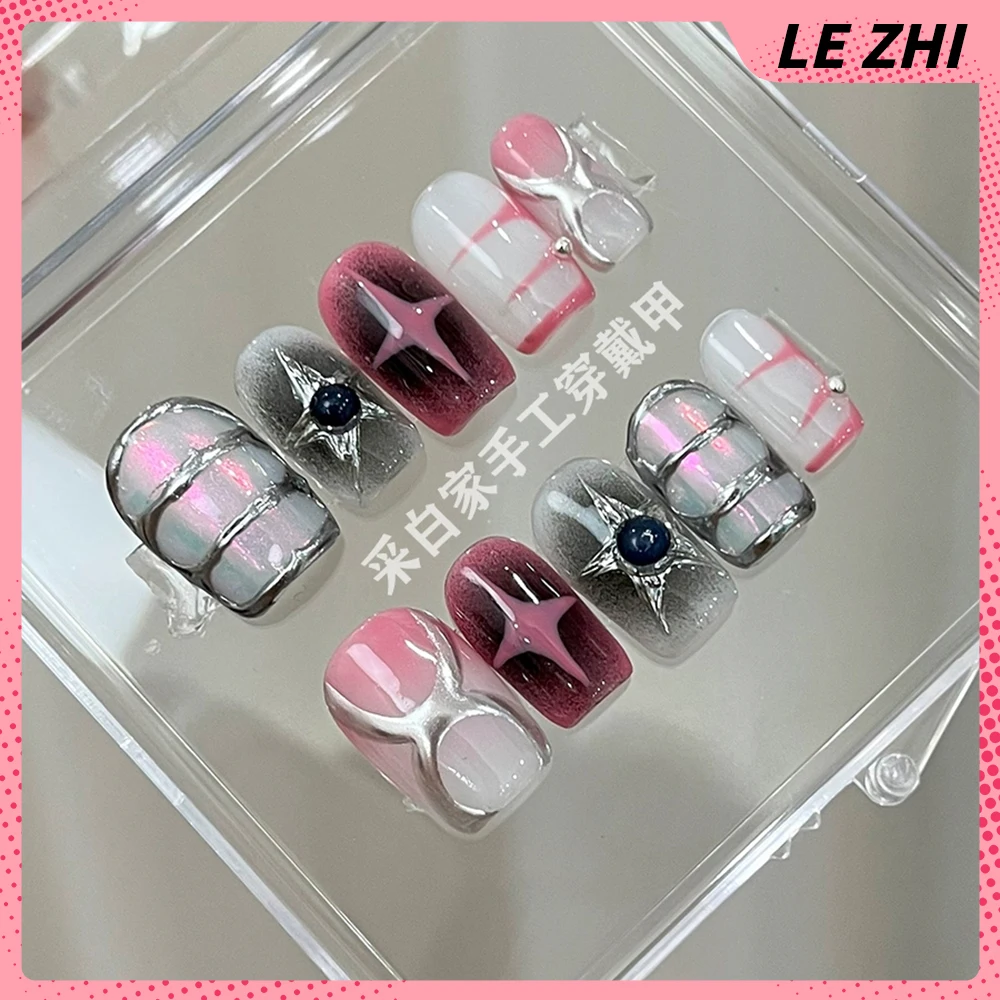 10Pcs Dopamine French Long Coffin Handmade Press On Nails Spice Girl Bowknot Rhinestone Five-Pointed Star Detachable Fake Nails