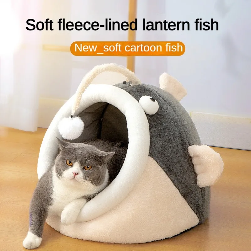 Lantern Fish Cat Bed Warm Pet Basket Cozy Kitten Lounger Cushion Cat House Tent Very Soft Washable Cave Cats Beds