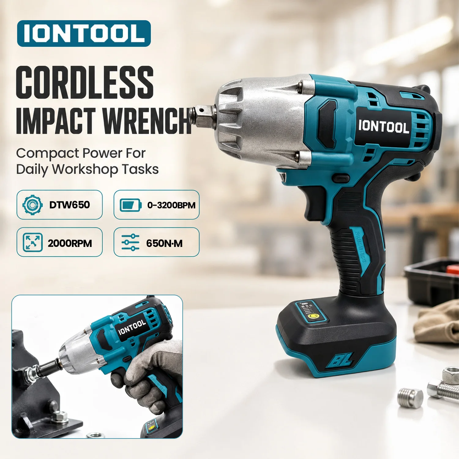 IONTOOL 650N 1/2 Inch Impact Wrench Cordless 2000RPM 3200IPM High Torque for Tire Rotation and Home Maintenance Tool Only