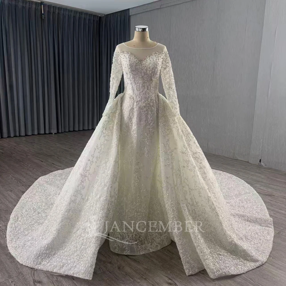 

Customized O-Neck Ball Gown Long Sleeves White Wedding Dress 2025 Floor Length Court Train Lace Up Bridal Gown robe de mariée