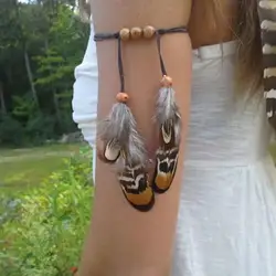 Gothic Style Feather Bracelet Punk Adjustable Beaded Arm Bracelet Halloween Party Performance Cosplay Jewelry Accessories