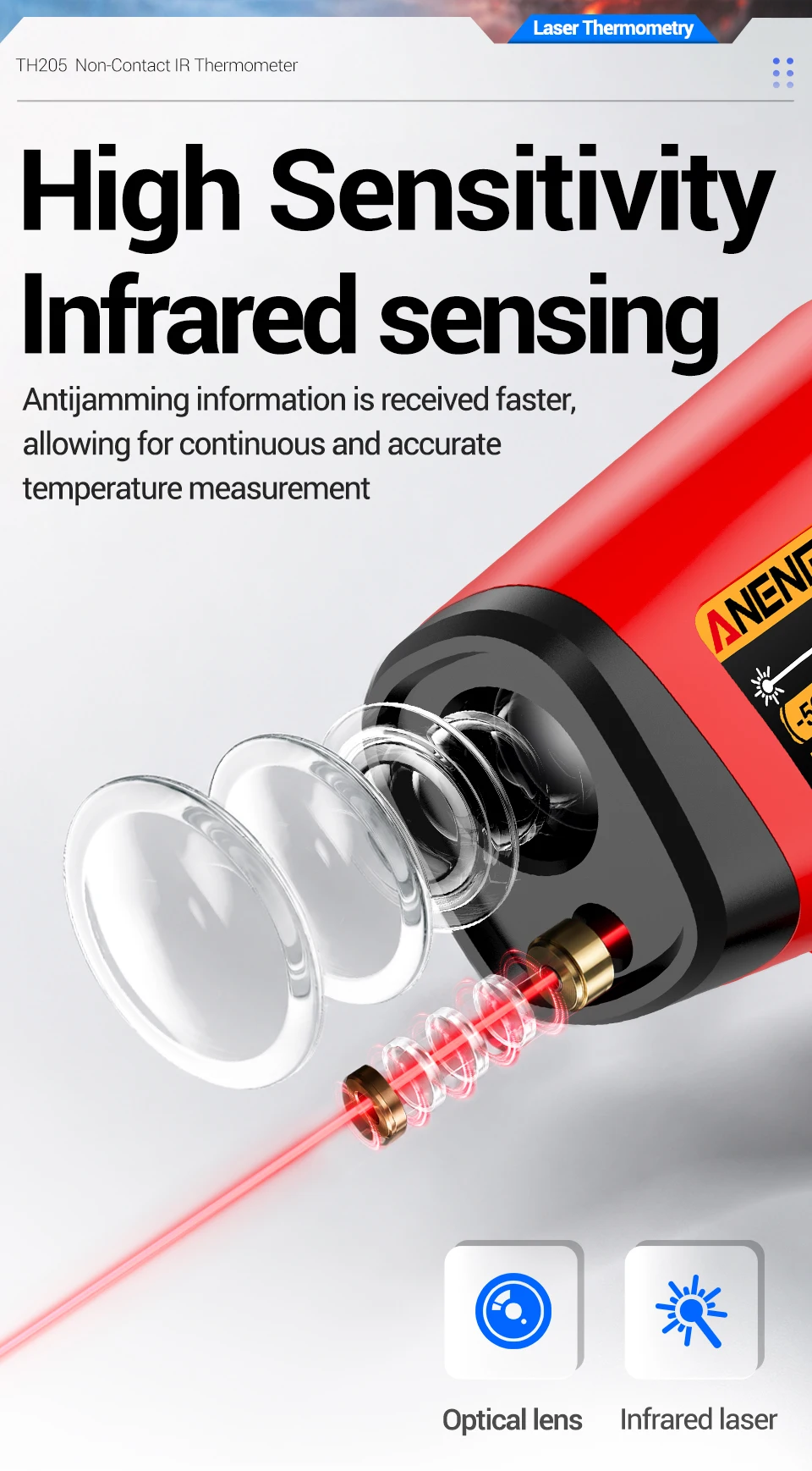 Infrarot-Thermometer ANENG TH205 Berührungslose Laser-Temperaturmessung -50 bis 400 ℃ IR-Temperaturmesser 12:1 D:S-Verhältnis für Industrielle HLK-Anlagen – Detail 11