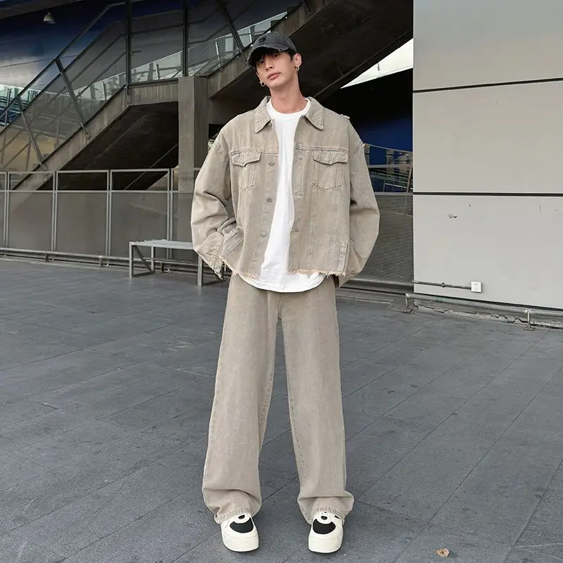 

Винтажная мужская джинсовая куртка в американском стиле, свободный крой, повседневный воротник, весна-осень-зима, полиэстер, длинный рукав