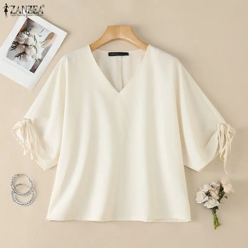 ZANZEA Woman Summer Loose Blouses Casual V-Neck Half Sleeve Tied Cuffs Solid Color Tops Fashion Daily Streetwear Blusas Mujer - view 3