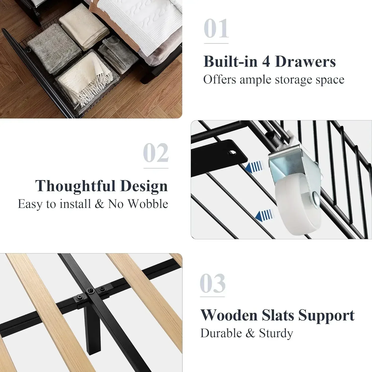 A  Furniture supplies  Upholstered King Size Platform Bed Frame with 4 Storage Drawers and Headboard, Diamond Stitched Butto