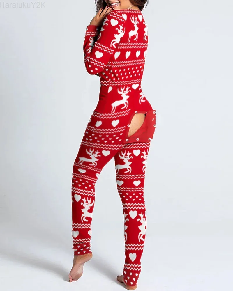 Women's Pajamas Christmas Printed Sexy Jumpsuit 2024 Fashion Casual Button Front Bottom Rear Hip Opening Flip Jumpsuits