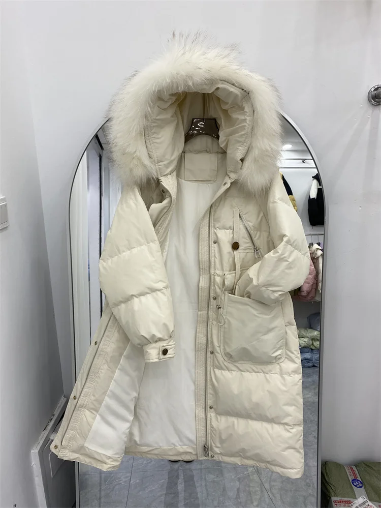 겨울 신상 여성용 다운 재킷 출퇴근용 후드 루즈핏 따뜻한 퍼 칼라 화이트 덕 다운 파카 코트