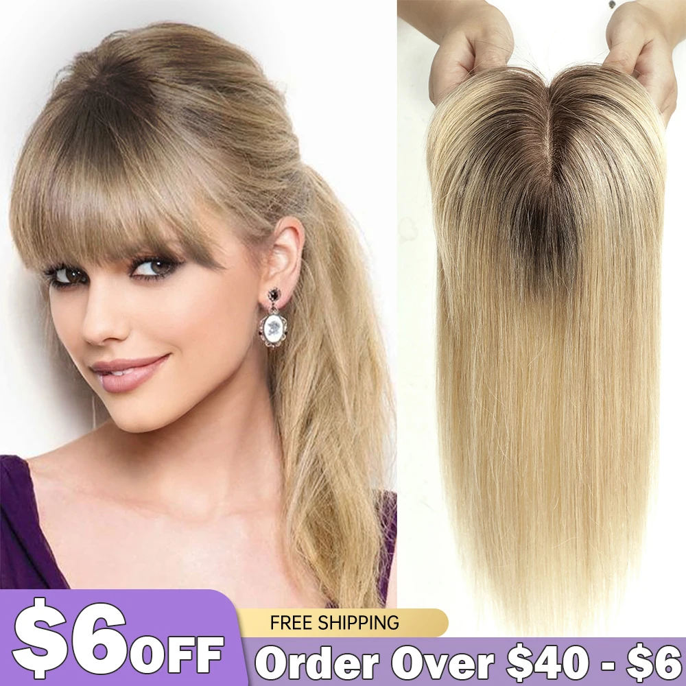 100% Remy Human Hair Toppers with Bangs Platinum Blonde Ombre Human Hair Pieces for Women Thin Hair Silk Base Clip in Toppers