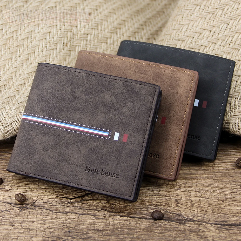 

New Men's Wallet Short stripe PU Leather Three fold Multi functional Youth Fashion Leisure Multi card Bag Scrub Wallet