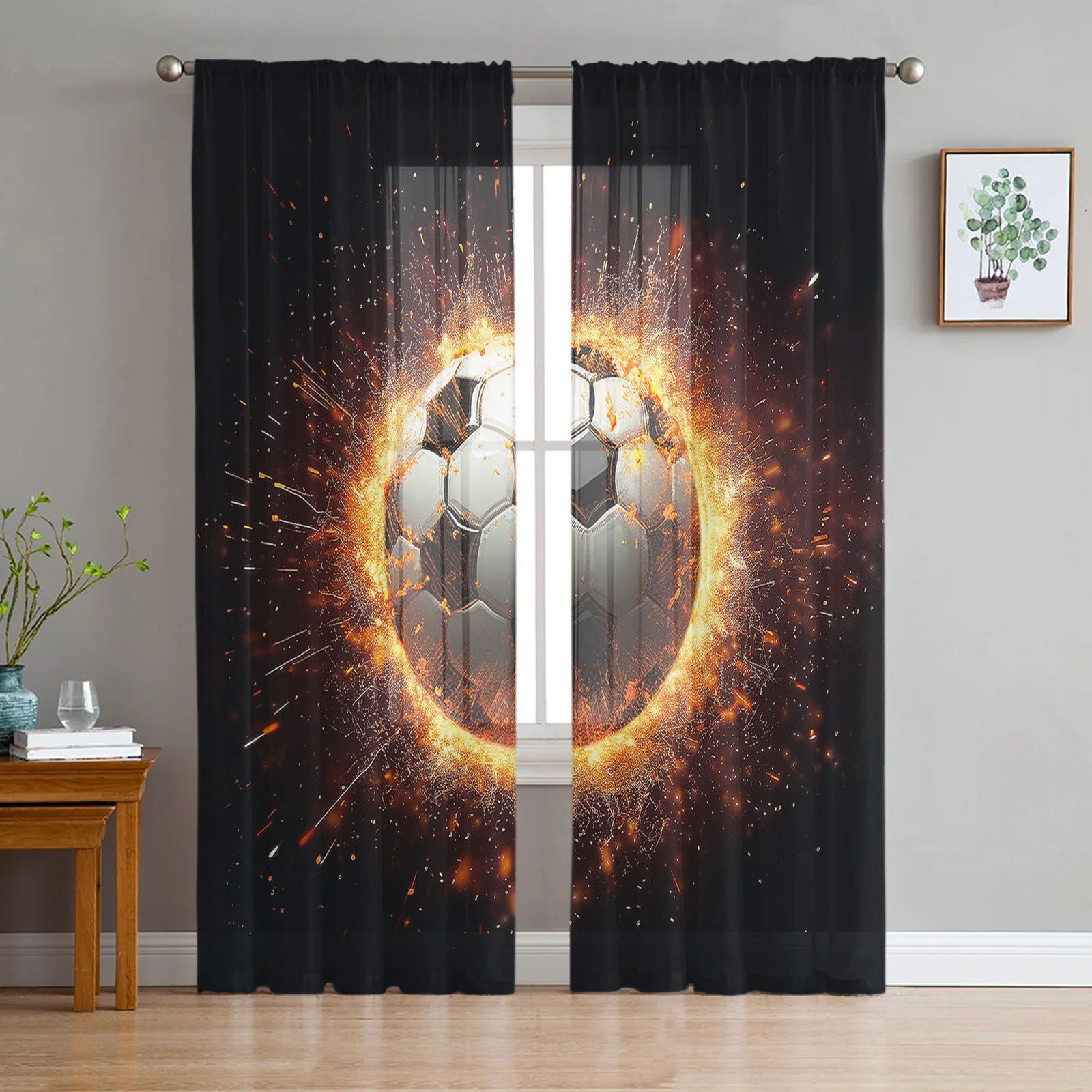 Football Flame Gradient Sheer Voile Curtain for Living Room Bedroom Kitchen Window Transparent Chiffon Tulle Curtain