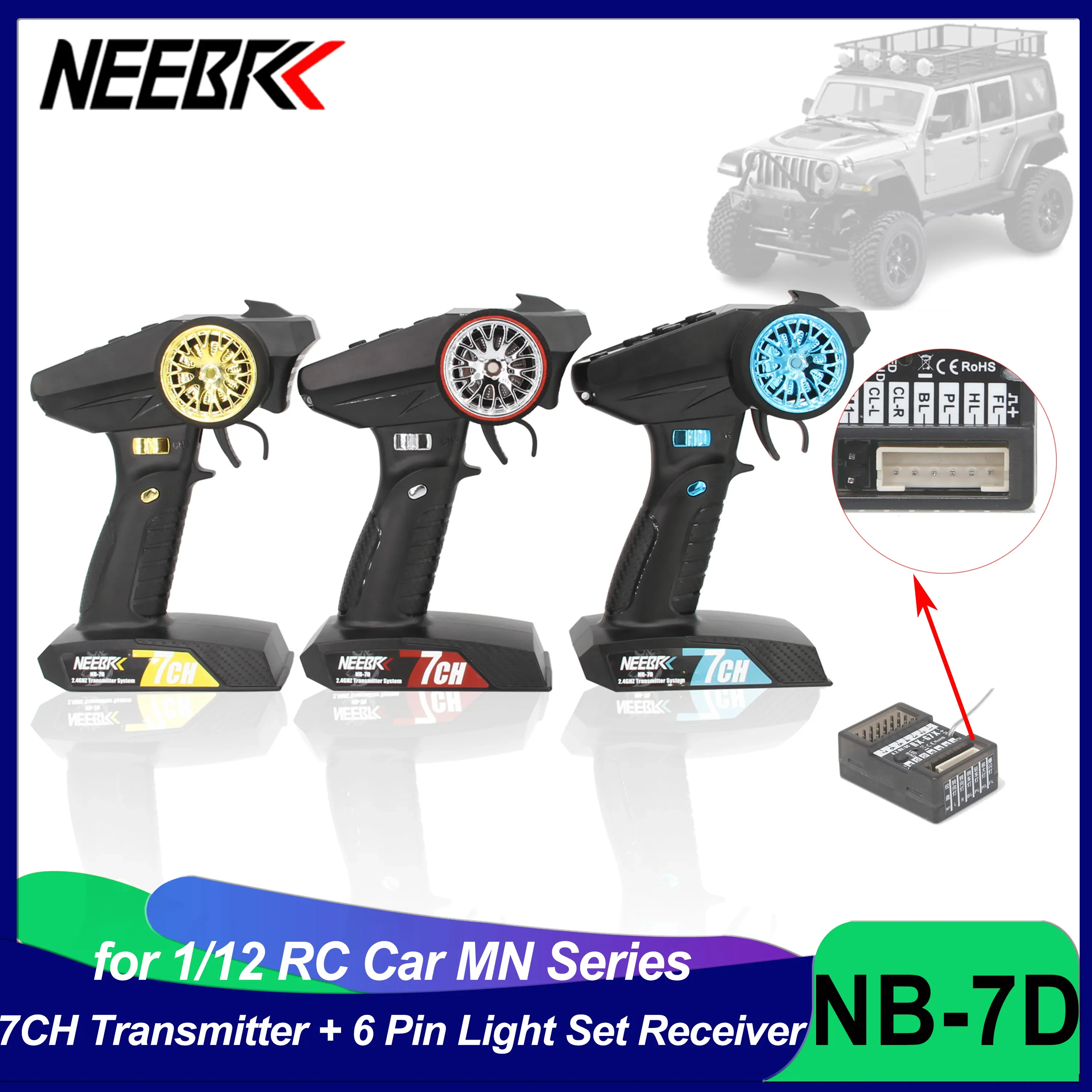 NB-7D 7CH 2.4Ghz Radio System Transmitter with 6 Pin Light Plug Receiver 7 Channel Remote Control for RC Car MN Series Model Toy