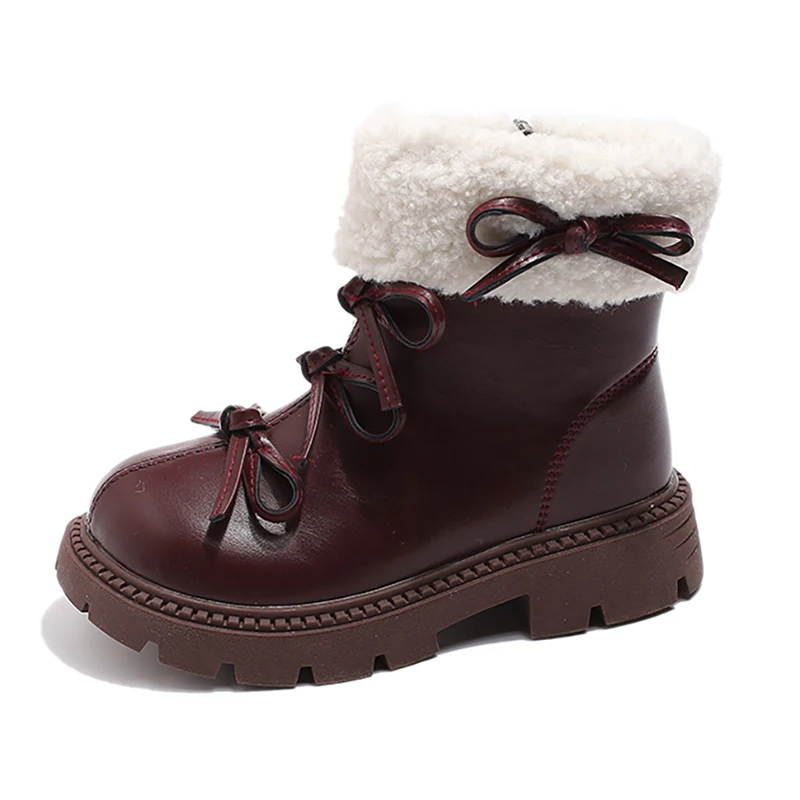 

Faux Fur Winter Boots For Girls PU Leather Waterproof Teenager Kid's Snow Boots Thick Warm Velvet Cotton Shoes For Children