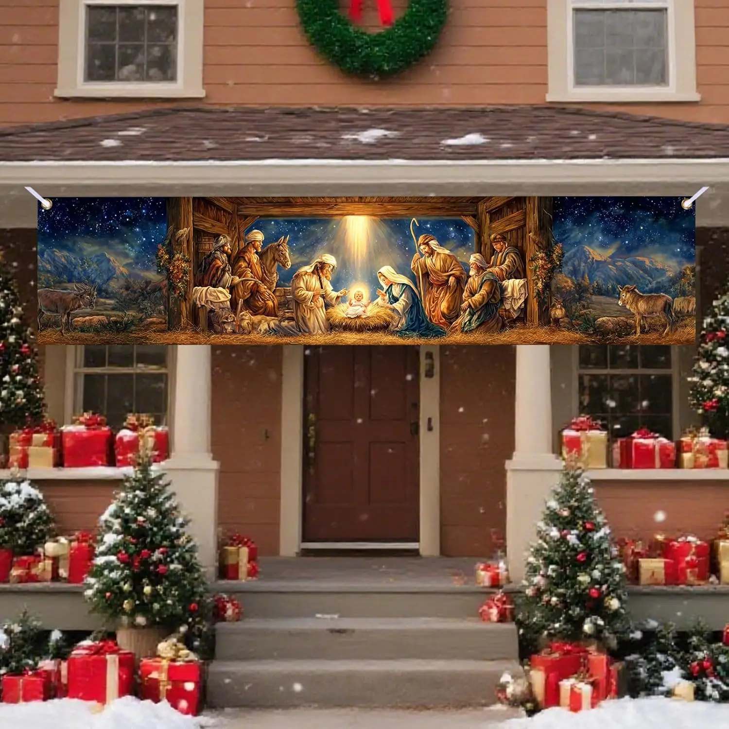 لافتة عيد ميلاد سعيد كبيرة، عائلة مقدسة وملائكة - لافتة داخلية وخارجية للفناء والحديقة والحديقة - حظر زينة حفلات العطلات #4