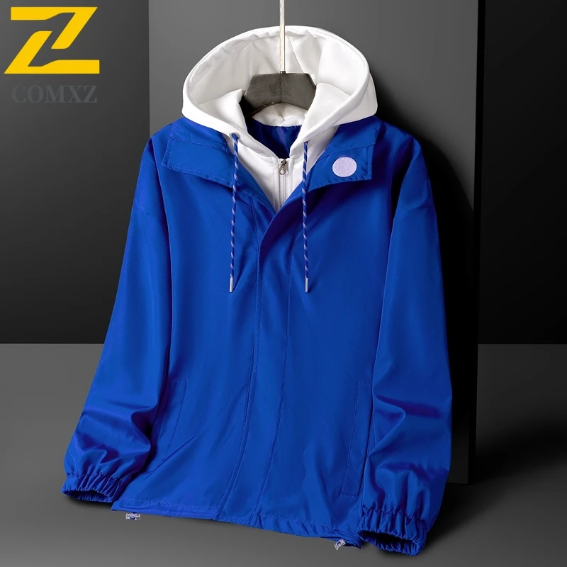 2025 جديد الرجال سترة غير رسمية ربيع الخريف موضة تنوعا يندبروف تنفس وهمية قطعتين معطف مقنع الشارع السفر سترة