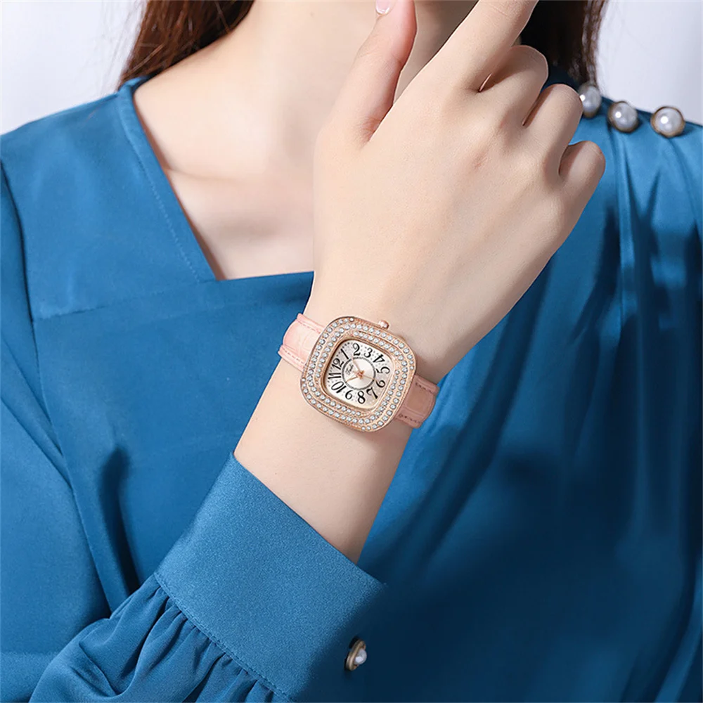 Fashion Full Star Luxury Ladies Square Arabic Numerals Quartz Watch Casual Green Leather Women\'s Gift Clock Wristwatch