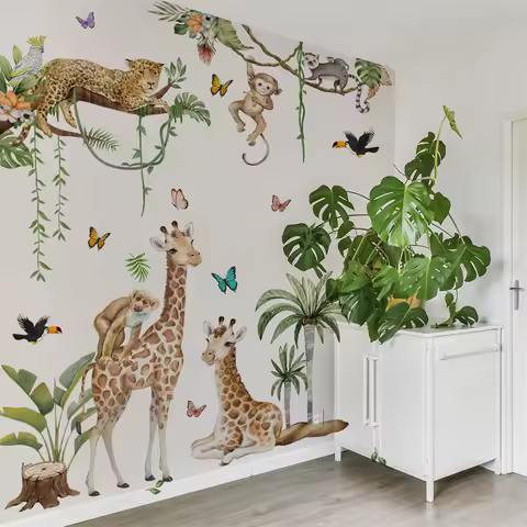 Large Forest Animals Wall Stickers Kids Room Jungle Safari Giraffe Monkey Wall Decals for Children Baby Boys Room Nursery Decor
