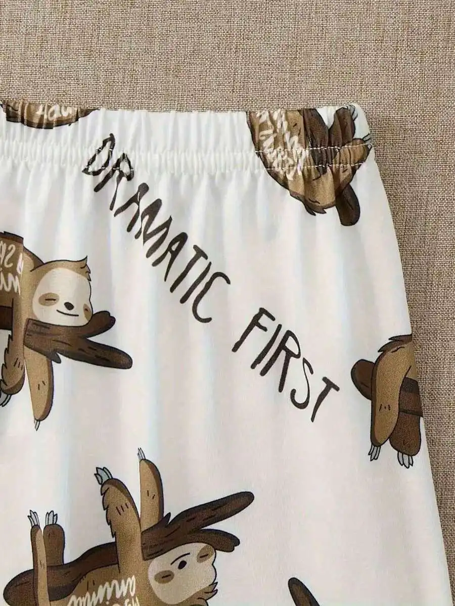 

Womens Spring Summer Thin Casual Pajamas Round Neck Cartoon Sloth Print Short Sleeve Shorts And Long Pants Set