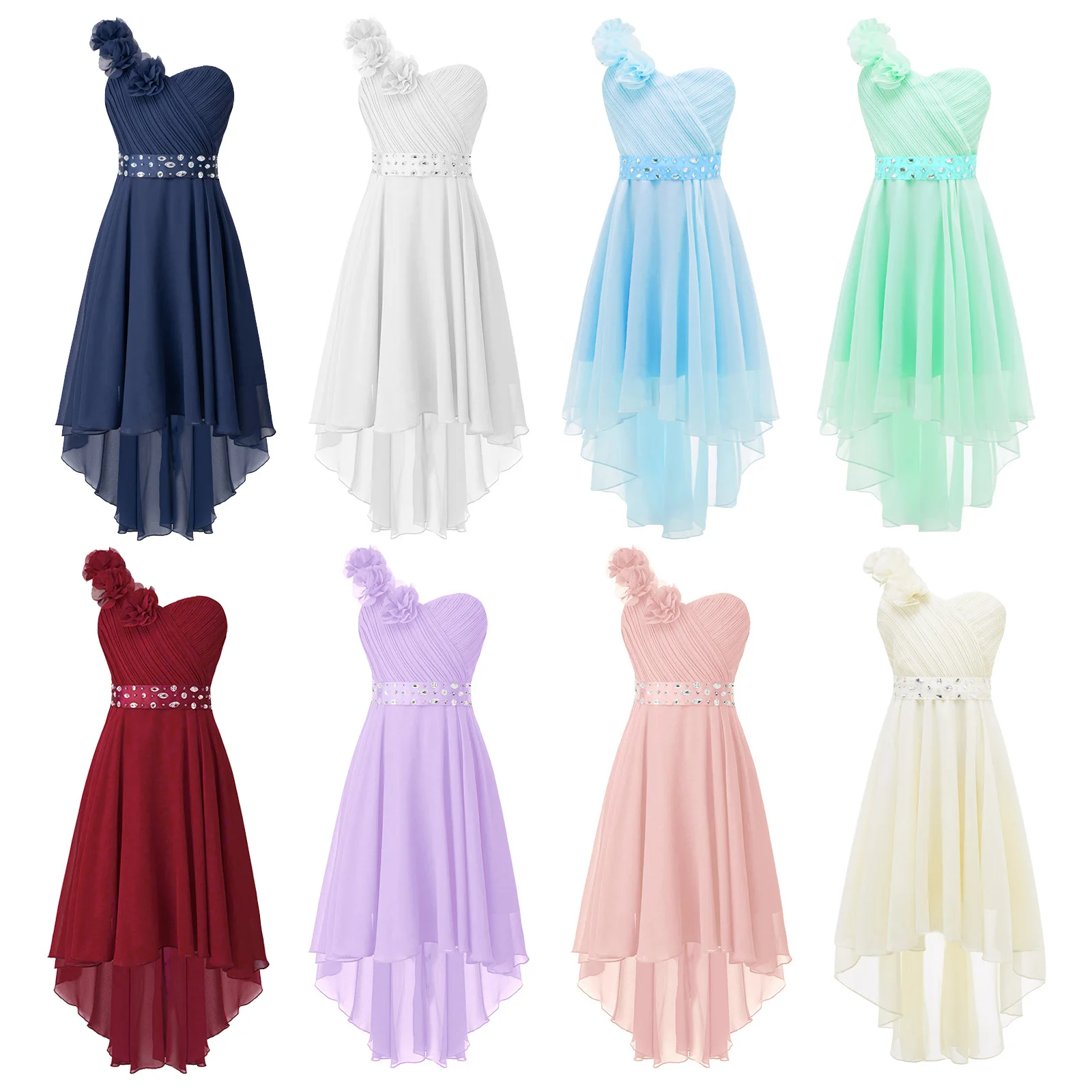 3D Applique Party Dress Kids Girls One-Shoulder Ruched Asymmetrical Hem Dress with Detachable Rhinestone Sash for Wedding