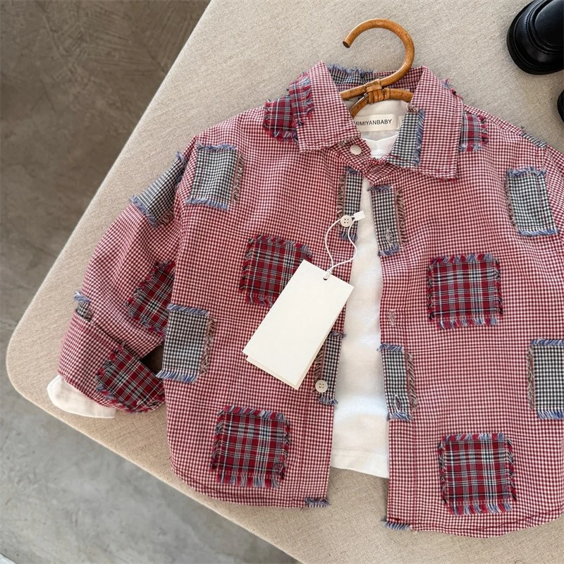 

2025 Autumn New Product Children's Red Small Grid Personalized Patch Design Cotton Shirt Coat