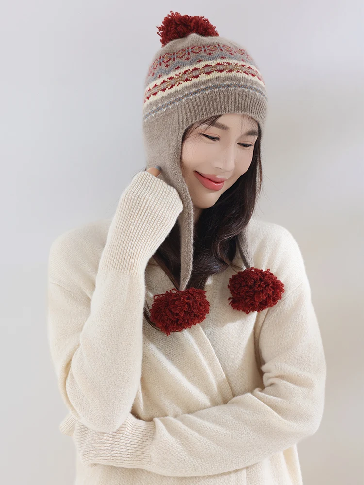 Women Autumn Winter 100% Cashmere Knitted Chullo Hat Peruvian Warm Soft Earmuff Aviator Caps Jacquard Beanies Real Pashmina