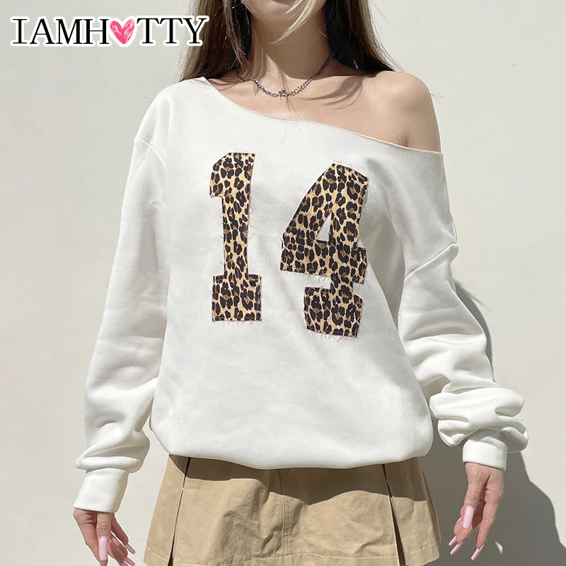 IAMHOTTY Leopard Digital Patched Fleece Pullovers Women's Fall Winter Plush Thick Sweatshirts Loose Long Sleeve Tops Streetwear