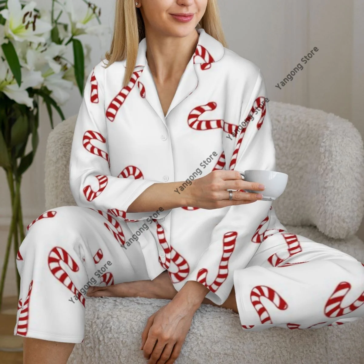 Spring and Autumn Pajama Set Women's Long Sleeve Pants Two Piece Christmas Pattern With Candy Cane Home Furnishing Set