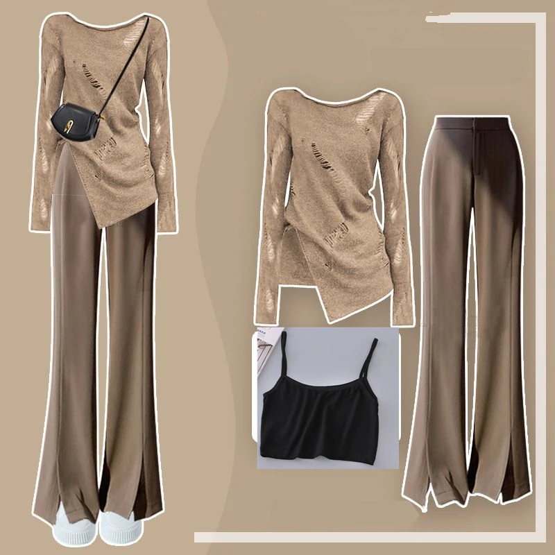 Women\'s Autumn Fashion Hole Split T Shirts Sling Flare Pants Sets Lady Falls Casual Solid Long Sleeve Crop Tops Trousers Outfits