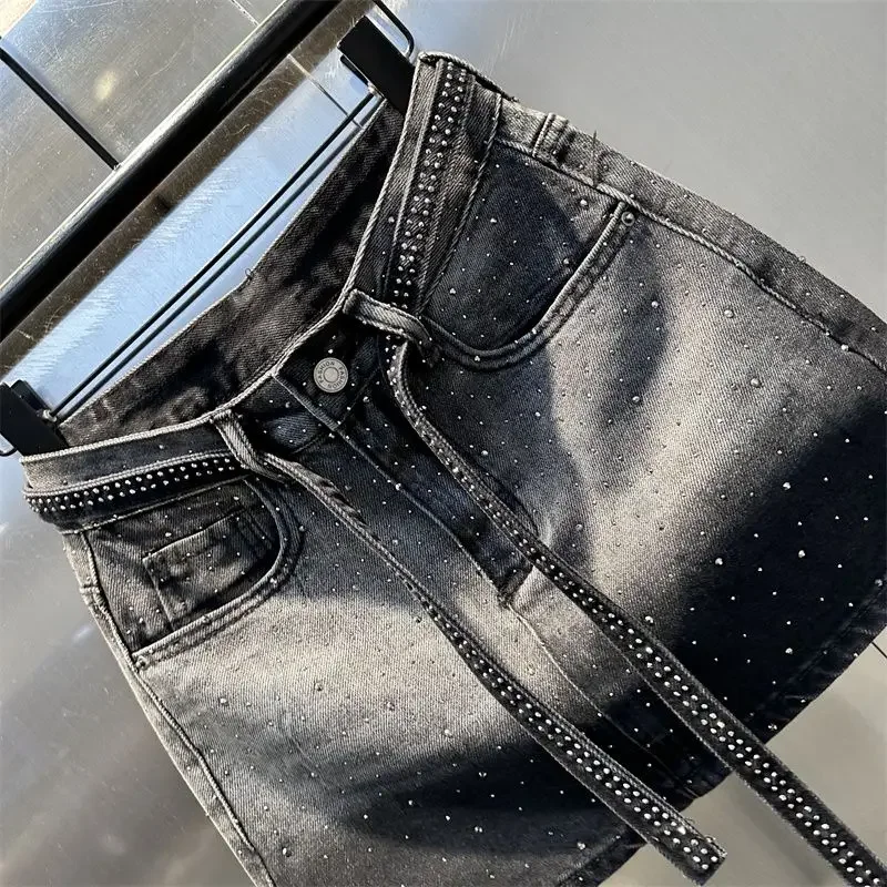 ใหม่แฟชั่น DENIM กระโปรงผู้หญิงสีเอวสูงอินเทรนด์ Rhinestone Slim MINI กระโปรง Y2k สาวร้อน Streetwear