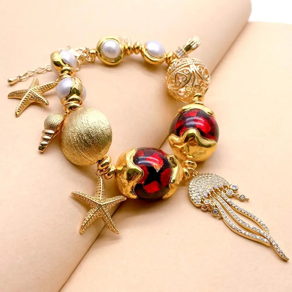 

Y·YING Red Murano Glass White Pearl Gold Plated Charm Beaded Bracelet