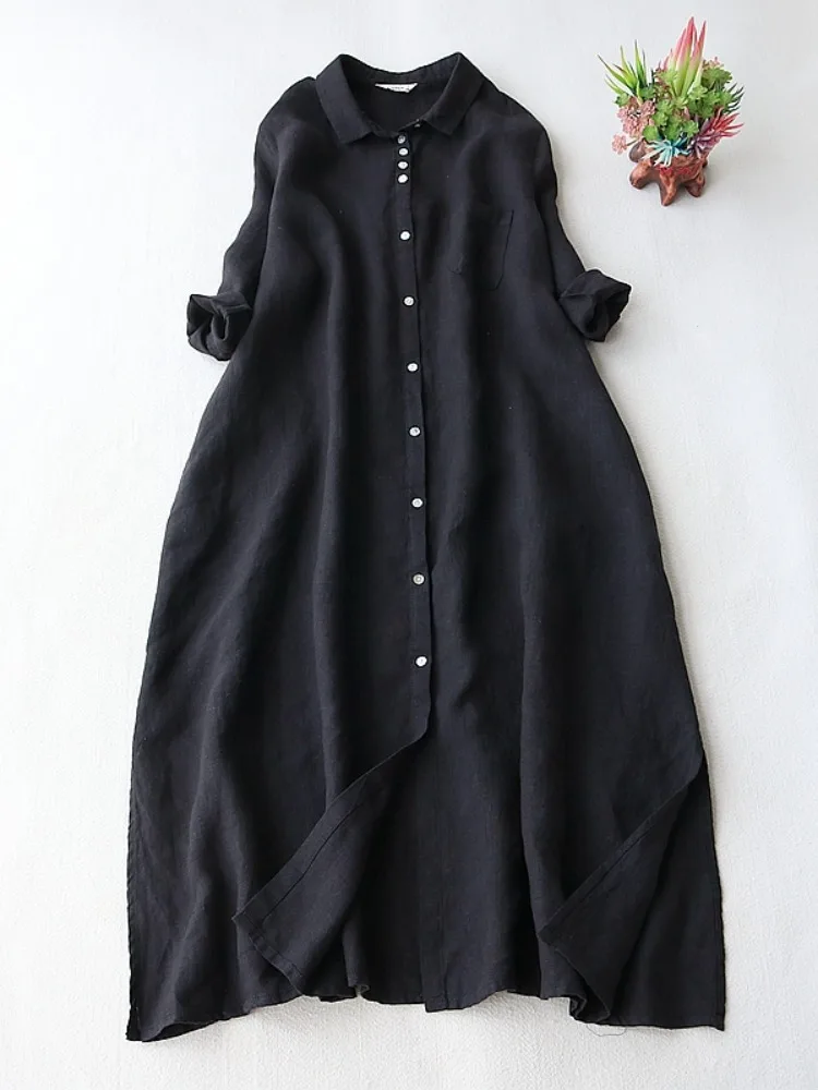 Casual Loose Linen Shirt Dress - ชุดเดรสผ้าลินินสไตล์อาร์ตสำหรับผู้หญิง ฤดูใบไม้ผลิ ชุดเดรสเชิ้ตทรงหลวมแขนยาว สีสันสดใส กระโปรงทรงเอเอวสูงลำลอง