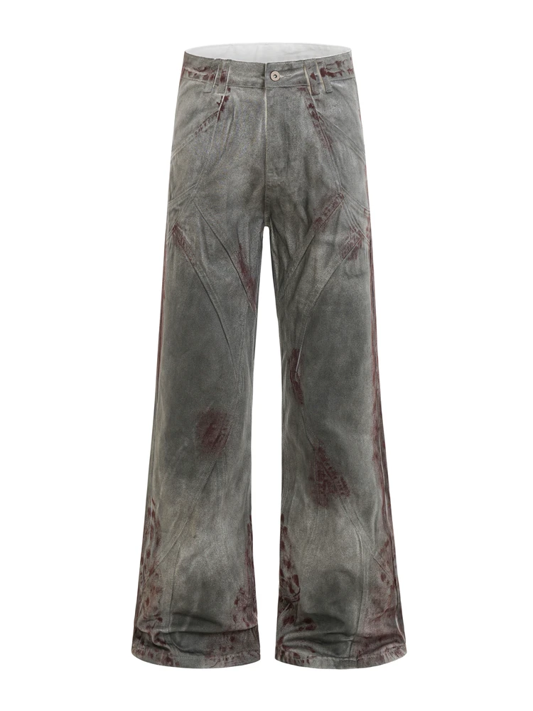

American High Street Vintage Faded Jeans Men's Loose Casual Pants with Frayed Hemline Slimming Bootcut Denim