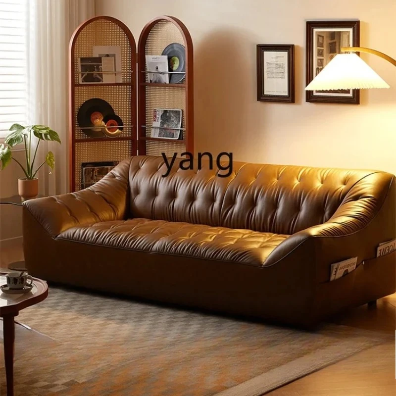 LMM imitation oil wax leather sofa living room straight row retro style small apartment sofa