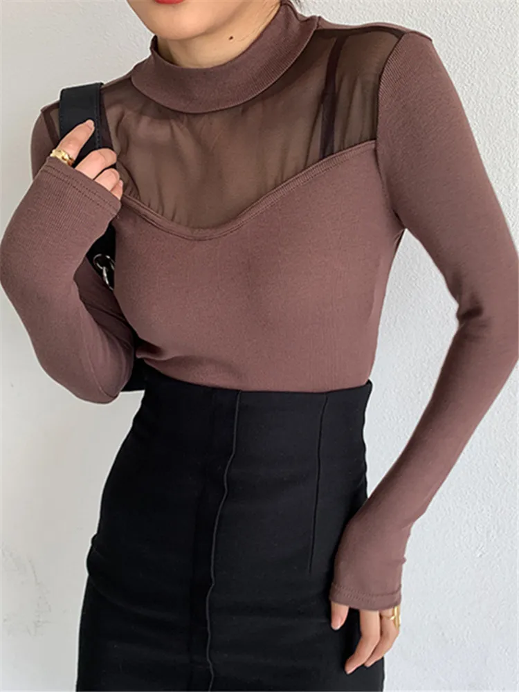 

2022 New Mesh Patchwork Knitted Women's T-Shirts Spring Chic Long Sleeve Half Turtleneck Bottoming Minimalist Shirts Tops Female