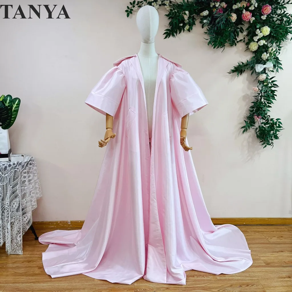 Cape de mariage longue en taffetas rose pour femme, demi manches, perles, soirée, veste Lont, tenue de ligne A, manteau pour femme, costume