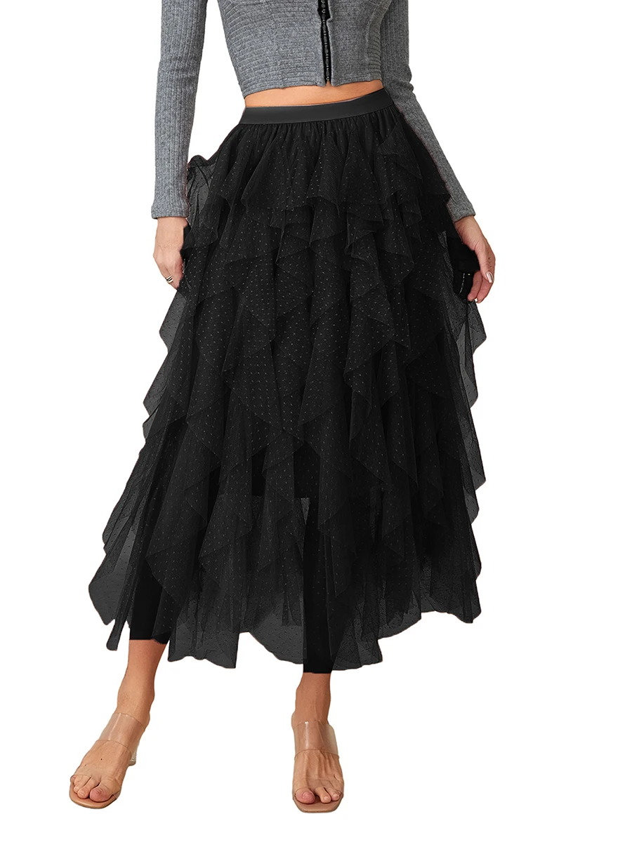 Women s Mini Dot Print Midi Skirt Elastic High Waist Irregular A-Line Tulle Mesh Long Skirt