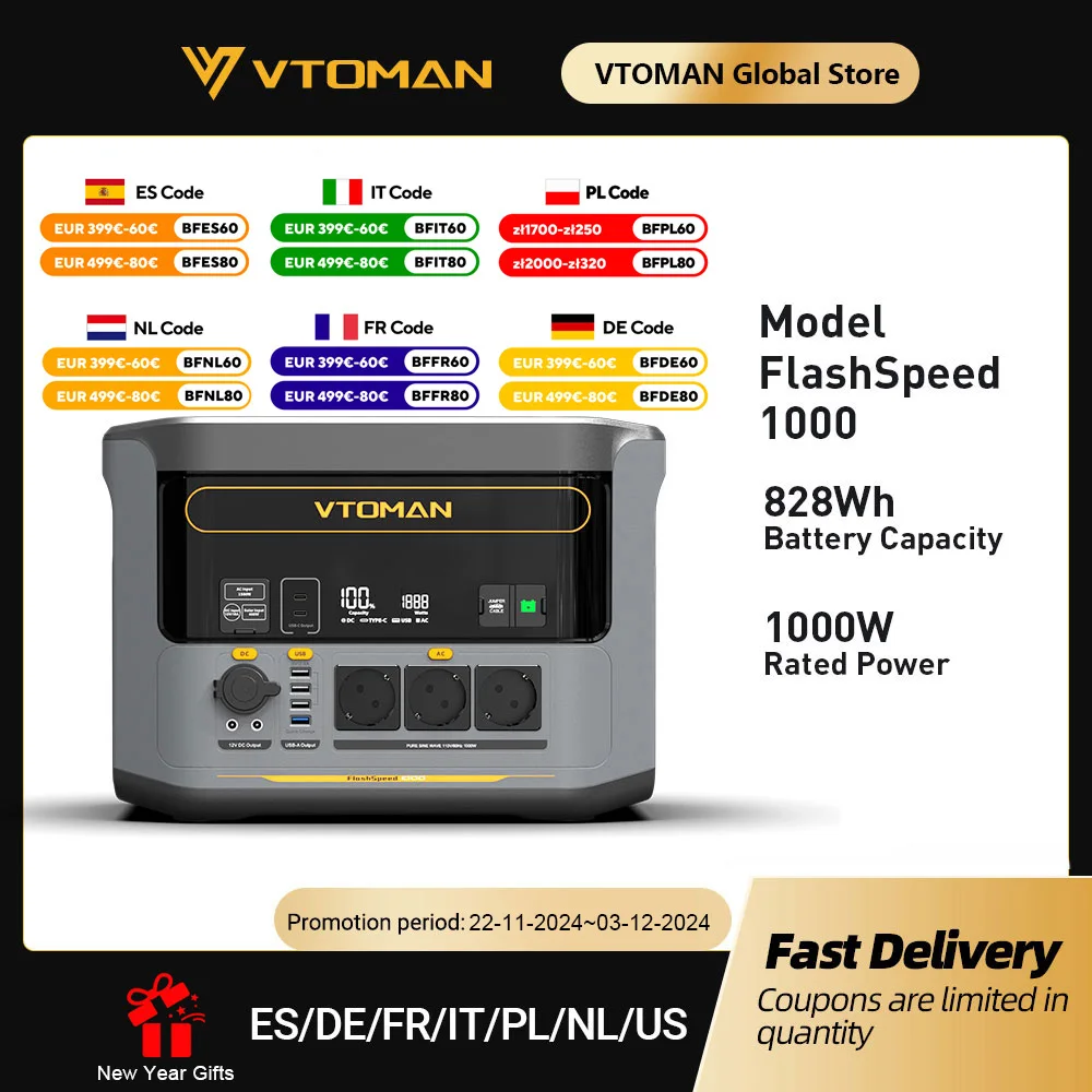 VTOMAN FlashSpeed 1000 Centrale elettrica portatile 2000W 828Wh LiFeP04 Batteria per viaggi in tenda da campeggio all'aperto