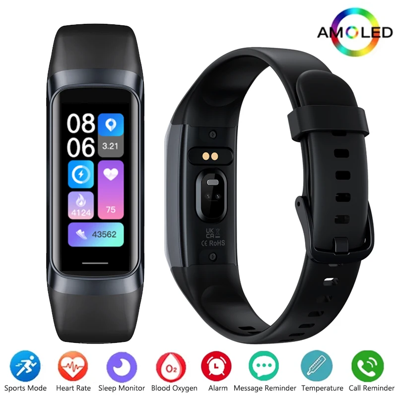 Reloj inteligente Amoled con pantalla a Color para hombre, banda inteligente con ritmo cardíaco y oxígeno en sangre, pulsera inteligente para mujer, rastreador de actividad/deporte