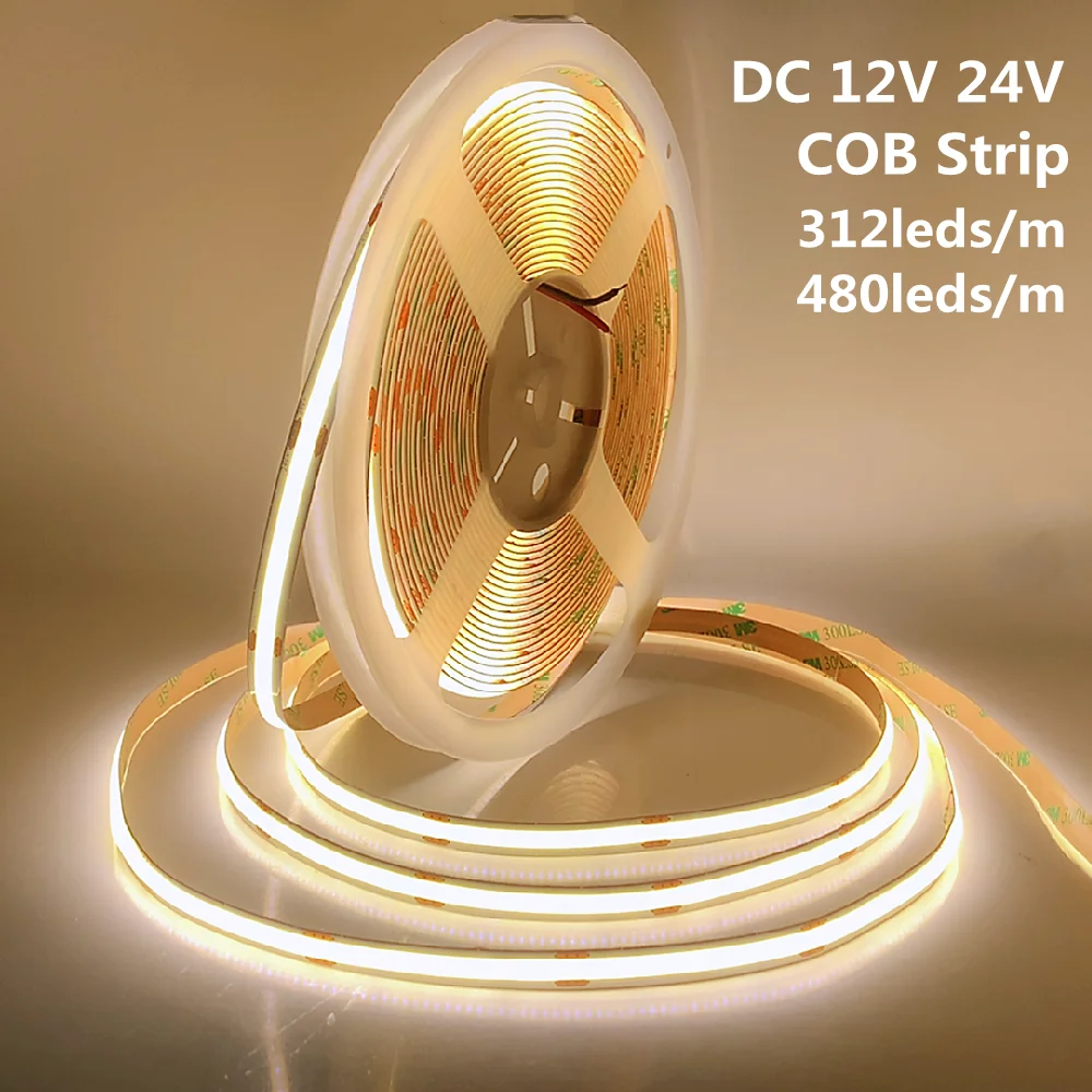 No Pressure Drop 10m COB LED Strip DC 12V 24V 312leds/m 480leds/m High Density Linear Light Flexible LED Tape  for Room Decora