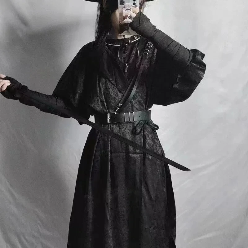 

KK56Black Men Women Hanfu Dress Traditional Tang Dynsaty Round Collar Robe Vintage Ancient Swordsman Cosplay Costume Boys Girls