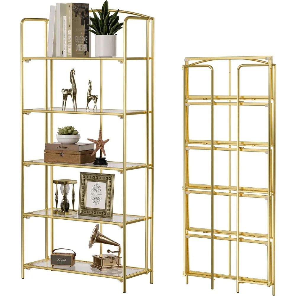 No Assembly Folding Bookshelf for Living Room, 5 Tier Gold Collapsible Book Shelf for Home Office, Portable Bookcase Storage